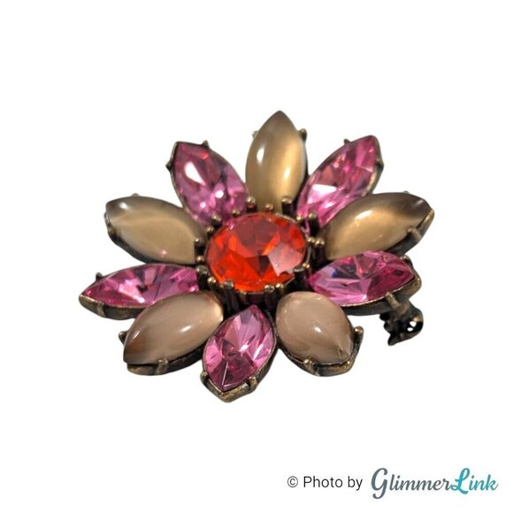 Talbots Pink Red Tan Rhinestone Flower Brooch NWT - Picture 3 of 8